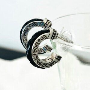 Brighton Black Leather Braided Silver Hoop Earrings